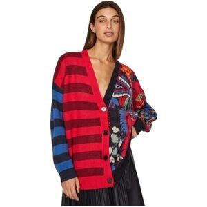 Farm Rio Vintage Forest Red Blue Stripe Mixed Oversized Cozy Cardigan Boho XS